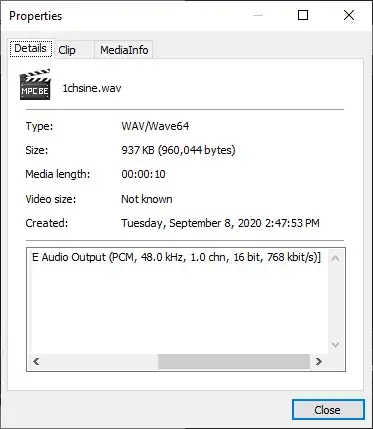 Screenshot of MPC-BE displaying audio properties