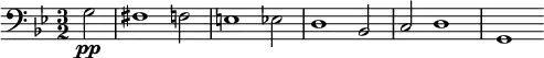 {
\time 3/2
\clef bass
\key g \minor
\relative c' { \partial 2 g2\pp | fis1 f2 | e1 es2 | d1 bes2 | c2 d1 | g,1 }
}