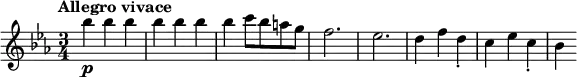 \new Staff
\relative c'{
\clef treble
\key ees \major
\time 3/4
\tempo "Allegro vivace" \tempo 2. = 116
bes'' _\p bes bes bes bes bes bes c8 bes a g f2. es d4 f d_. c es c_. bes
}