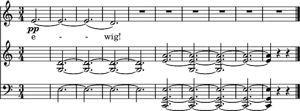 { << \new Staff \relative c' { \set melismaBusyProperties = #'() \clef treble \key c \major \time 3/4 \set Staff.midiInstrument = #"flute" e2.~\pp | e~ | e( | d) | R | R | R | R | R | R \bar "|." } \addlyrics { e - - wig! } \new PianoStaff \relative c' { \new Staff { \clef treble \key c \major \time 3/4 \set Staff.midiInstrument = #"string ensemble 1" \set Staff.midiMaximumVolume = #0.5 s2. | <d g,>2.~ | <d g,>~ | <d g,>~ | <d g,>~ | <a' e>~ | <a e g,>~ | <a e g,>~ <a e>~ | <a e>4 r r \bar "|." } } { \new Staff { \clef bass \key c \major \time 3/4 \set Staff.midiMaximumVolume = #0.5 s2. | e~ | e~ | e~ | e | <e g, c,>~ | <e g, c,>~ | <e g, c,>~ | <e g, c,>~ | <e g, c,>4 r r \bar "|." } } >> } \midi{\tempo 4 = 160}