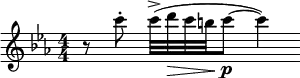 \relative c'' { \clef treble \key c \minor \numericTimeSignature \time 4/4 \set Staff.midiInstrument = #"flute" r8 c'-. c32(-> d\> c b\! c8\p~ c4) } \midi{\tempo 4 = 60}