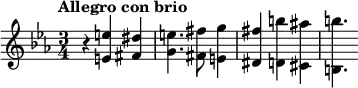 \new Staff <<
\relative c'{
\clef treble
\key ees \major
\time 3/4
\tempo "Allegro con brio" \tempo 2 = 80
r4 <e e'> <fis dis'> <g e'>4. <fis fis'>8 <e g'>4 <dis fis'> <d b''> <cis ais''> <b b''>4.
}
>>