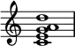 {
\override Score.TimeSignature #'stencil = ##f
\relative c' {
\clef treble \time 4/4
<c e g a d>1
} }