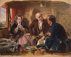 Painting shows a first class railway carriage. A young man and an older man talk as a young woman looks on.