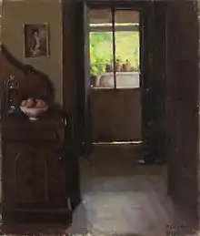 Alexander Colquhoun (c.1938) Interior, oil on canvas on composition board, 45.4 × 38.5&nbsp;cm. National Gallery of Victoria, Melbourne.