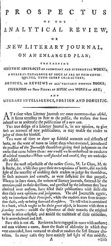 Page reads "Prospectus of the Analytical Review, or New Literary Journal, on an Enlarged Plan; Containing Scientific Abstracts of Important and Interesting Works; A General Catalogue of Such as are of Pres-Consequence, with short Characters; Notices, or Reviews of All Valuable Foreign Books; Criticisms on New Pieces of Music and Works of Art; and Literary Intelligence, Foreign and Domestic&nbsp;..."