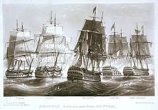 Indomptable at Trafalgar in 1805, at the center, between Fougeux & HMS&nbsp;Belleisle to the left, and Santa Ana & HMS&nbsp;Royal Sovereign.