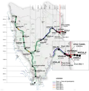 Geographical illustration of the Bina-Istra Istrian-Y network, with the phases for upgrades overlaid