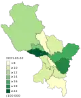 Mortality rate per 10,000 inhabitants by province of Cuzco.