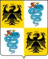 The coat of arms of the House of Sforza, featuring two biscioni and two Reichsadlers (Imperial Eagles symbolizing the German and Austrian domination over Lombardy)