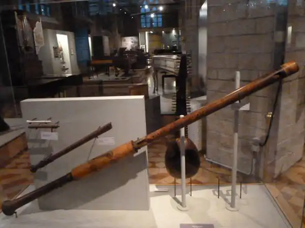 The only surviving medieval contrabass recorder, 250 centimetres (8.2&nbsp;ft) long. Vleeshuis Museum, Antwerp.