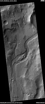 Channel, as seen by HiRISE under HiWish program  Streamlined shapes are indicated with arrows.