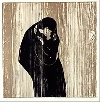Kiss IV, 1902, woodcut print on wood, .mw-parser-output .frac{white-space:nowrap}.mw-parser-output .frac .num,.mw-parser-output .frac .den{font-size:80%;line-height:0;vertical-align:super}.mw-parser-output .frac .den{vertical-align:sub}.mw-parser-output .sr-only{border:0;clip:rect(0,0,0,0);clip-path:polygon(0px 0px,0px 0px,0px 0px);height:1px;margin:-1px;overflow:hidden;padding:0;position:absolute;width:1px}47&nbsp;cm ×&nbsp;47&nbsp;cm (18+1⁄2&nbsp;in ×&nbsp;18+1⁄2&nbsp;in), Munch Museum, Oslo