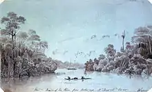 Image 49A view of a river from the anchorage off Sarawak, Borneo, c. 1800s. Painting from the National Maritime Museum of London. (from History of Malaysia)