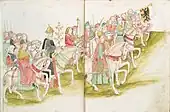 1460 A.D. A mix of different-sized business (far right) playing ahead of Holy Roman Emperor Sigismund. One trumpet resembles the thurner horn.