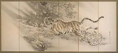 Kishi Ganku (Japan), Tiger in Landscape (1770-1839), ink and watercolor on paper, 171.2 × 372.1 × 1.5&nbsp;cm.