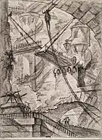 Forerunner of Escher's fantastic endless stairs: Piranesi's Carceri Plate VII&nbsp;– The Drawbridge, 1745, reworked 1761