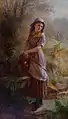 Girl in purple dress and yellow scarf collecting water from a well