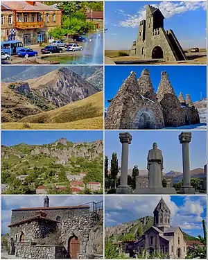 From top left:Downtown Goris&nbsp;• Goris gate Zangezur Mountains around GorisBell Monument&nbsp;• Settlement of old KoresGrigor Tatevatsi statueSurp Hripsimé Basilica&nbsp;• Saint Gregory Cathedral