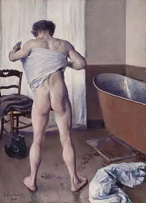 Image 11Homme au bainPainting: Gustave CaillebotteHomme au bain  ("Man at His Bath") is an oil painting completed by the French Impressionist Gustave Caillebotte in 1884. The canvas measures 145 by 114 centimetres (57&nbsp;in ×&nbsp;45&nbsp;in). The painting was held in private collections from the artist's death until June 2011, when it was acquired by the Museum of Fine Arts, Boston. Interpretations of the painting and its male nude have contrasted the figure's masculinity with his vulnerability.More selected pictures
