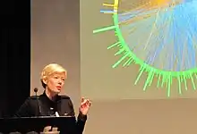 A woman with short blonde hair stands in front of a screen displaying a colorful circular network diagram