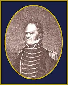 A head and chest portrait of a middle-aged man facing left wearing a high-ranked military uniform. The uniform conceals his neck, he has a determined but distant look. He has a pudgy face with prominent cheeks, and a very high balding forehead. His hair is wildly standing up, wavy and midlength.