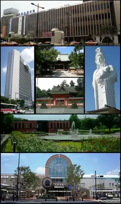 From the upper left:
Nishitetsu Kurume Station, city hall, Suitengu shrine, Kora-taisha shrine, Narita-san templeIshibashi bunka center, JR Kurume Station