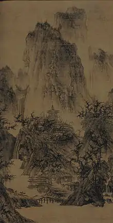 Li Cheng (李成; Lǐ Chéng; Li Ch'eng; 919–967), A Solitary Temple Amid Clearing Peaks (晴峦萧寺), ink and light color on silk. 111.76&nbsp;cm ×&nbsp;55.88&nbsp;cm (44.00&nbsp;in ×&nbsp;22.00&nbsp;in). 11th century, China. Nelson-Atkins Museum of Art.