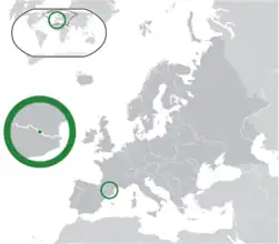 Location of&nbsp;Andorra&nbsp;(centre of green circle)in Europe&nbsp;(dark grey)
