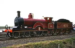 Preserved No&nbsp;673 in Midland Railway crimson lake livery at the Rocket 150 celebration in Rain­hill in May 1980.
