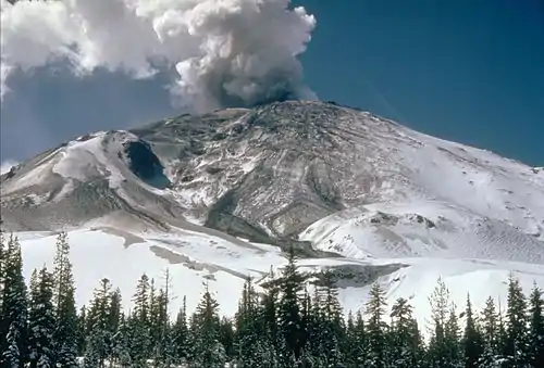Erupting conical volcano