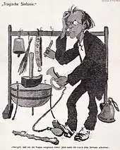 Caricature of Mahler surrounded by comical musical instruments, including a motor horn which he is operating by the use of his feet