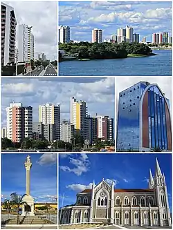 Top and middle rows: the skyline, along the river front.
Bottom left: statue of Mary and Christ in Praça Dom Malan. Bottom right: Sacred Heart Cathedral