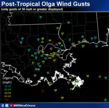 Map showing the location and strength of peak wind gusts in the lower Mississippi valley 39&nbsp;mph (63&nbsp;km/h)