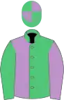 Emerald green and mauve (halved), sleeves reversed, emerald green and mauve quartered cap
