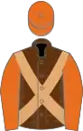 Brown, beige cross belts, orange sleeves and cap