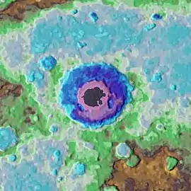 Rachmaninoff Basin topography, showing that its center is one of the lowest places on the planet at approximately 5&nbsp;km below the global average