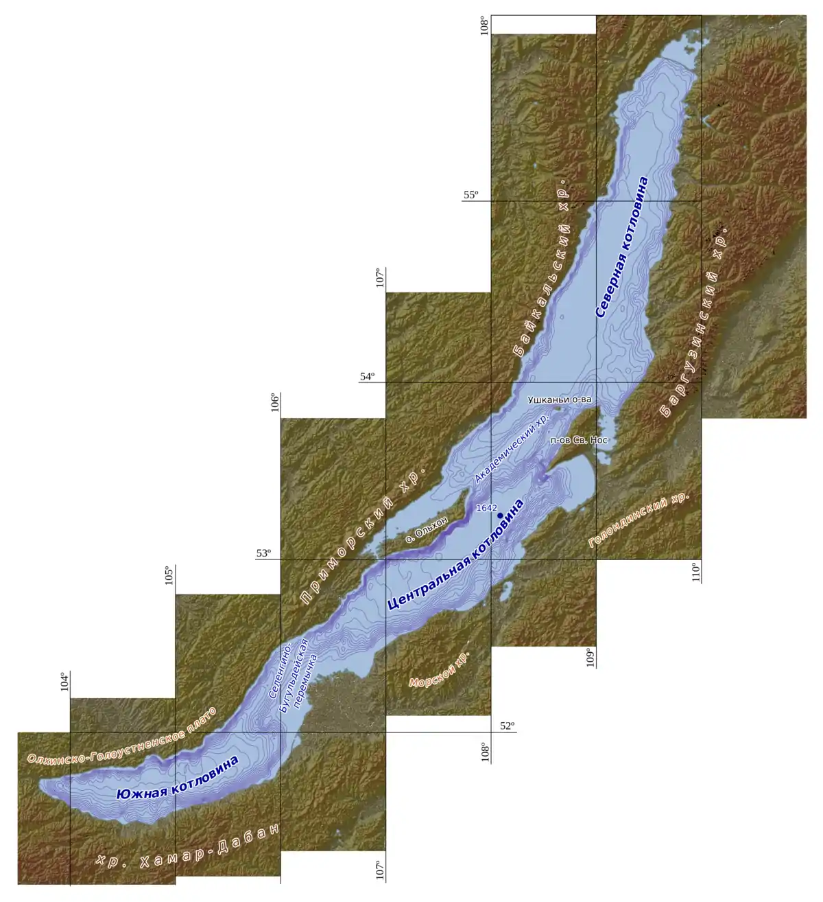 The submerged portion of Academician Ridge connects the Ushkany Islands (upper right just west of the Svyatoy Nos peninsula) with Olkhon Island (lower left). Click to see full lake relief map.