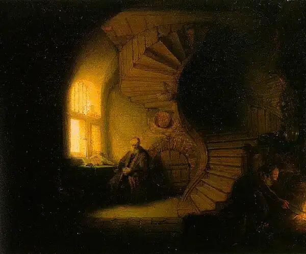 Rembrandt's The Philosopher in Meditation, strikes an image of Allan Bennetts struggles for the "Ultimate" for "the Beyond"  even as a layman, with chronic physical suffering, a luminous heart of metta, still devoted to the Buddhas Path of inward practice.