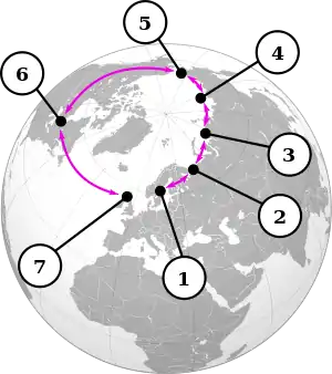 The Larus gulls interbreed in a ring around the arctic. 1:&nbsp;L. fuscus, 2: Siberian population of L. fuscus, 3:&nbsp;L.&nbsp;heuglini, 4: L. vegae birulai, 5: L. vegae, 6: L. smithsonianus, 7: L. argentatus