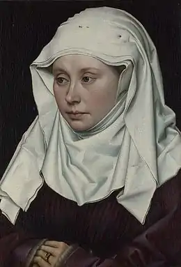Robert Campin (c.&nbsp;1375 – 1444), Portrait of a Young Woman (paired with her husband), 1430–1435. Van der Weyden's style was founded on Campin's.