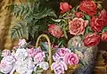 Painting of a basket of pink roses next to a vase with red roses