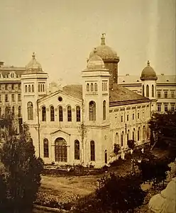 Sărindar Monastery Church, where is now the National Military Club, Bucharest, built in the mid-17th century by Matei Basarab, modified in the mid 19th century in a Gothic Revival style, demolished in 1896