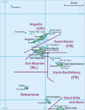 Map showing the location of St.&nbsp;Eustatius relative to Saba and St.&nbsp;Martin