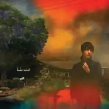 A photo of the artist stood in a street in front of a one-story house, with the overcast sky recolored red and orange and the wet street reflecting the red.