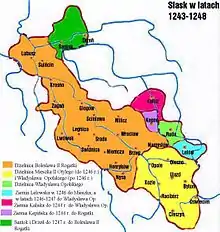 1243-1248&nbsp;&nbsp;Bolesław II&nbsp;&nbsp;Władysław Opolski&nbsp;&nbsp;Mieszko II,&nbsp;&nbsp;&nbsp;&nbsp;&nbsp;&nbsp;&nbsp;1246: Władysław&nbsp;&nbsp;&nbsp;&nbsp;&nbsp;&nbsp;&nbsp;Opolski&nbsp;&nbsp;Santok&nbsp;&nbsp;Kalisz&nbsp;&nbsp;Kępno&nbsp;&nbsp;Lelów