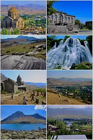 From top left: Saint Gregory Church of 689 • Sisian Town Hall • Ughtasar Petroglyphs • Shaki Waterfall •
Vorotnavank • General view of Sisian • Sisian with Mt Mets Ishkhanasar • Vorotan River