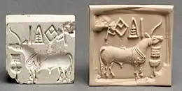 Stamp seal and modern impression: unicorn and incense burner (?); 2600–1900&nbsp;BC; burnt steatite; 3.8 × 3.8 × 1&nbsp;cm; Metropolitan Museum of Art