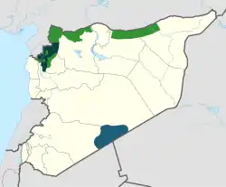 Areas under control of various opposition groups as of February 2020&nbsp;&nbsp;&nbsp;&nbsp;&nbsp;Interim Government (National Army)&nbsp;&nbsp;&nbsp;&nbsp;&nbsp;Salvation Government (Tahrir al-Sham)&nbsp;&nbsp;&nbsp;&nbsp;&nbsp;al-Tanf (Syrian Free Army)