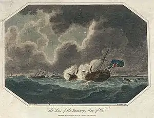 HMS&nbsp;Romney aground off the island Texel in 1804. In Richard Corbould's print, Romney's blue ensign at the stern is shown inverted, as a sign of distress